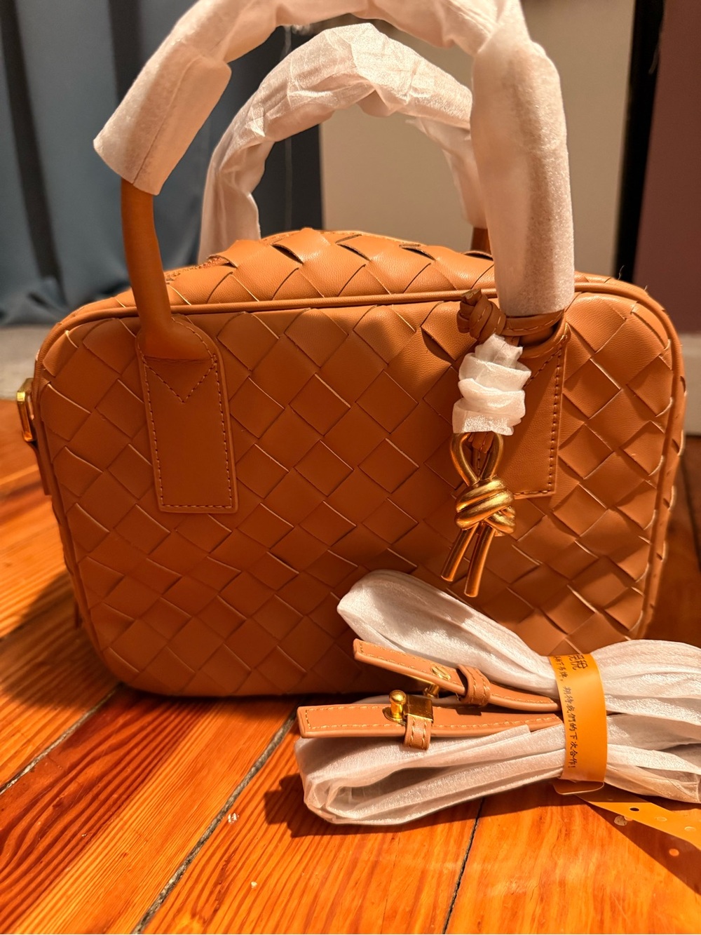 Woven Leather Top-Handle Satchel in Tan - Picture 6 of 6